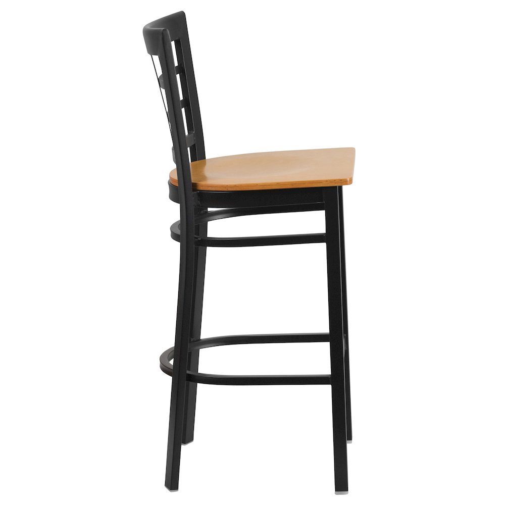 Black Window Back Metal Restaurant Barstool - Natural Wood Seat. Picture 5