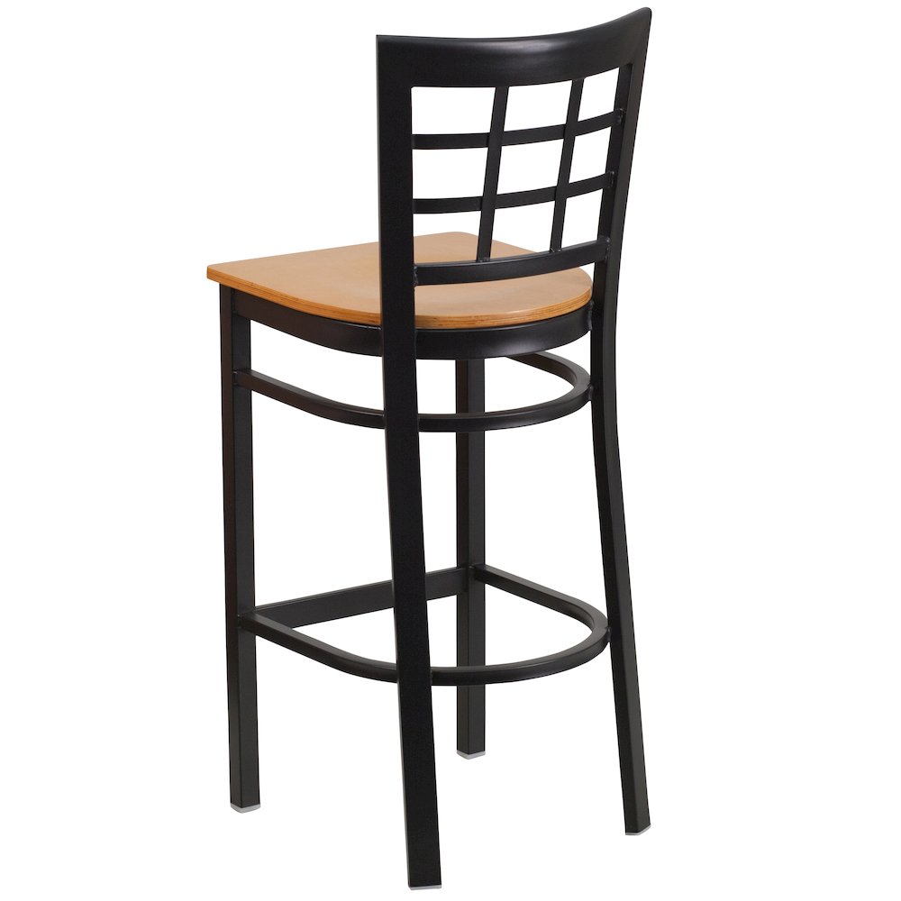 Black Window Back Metal Restaurant Barstool - Natural Wood Seat. Picture 4