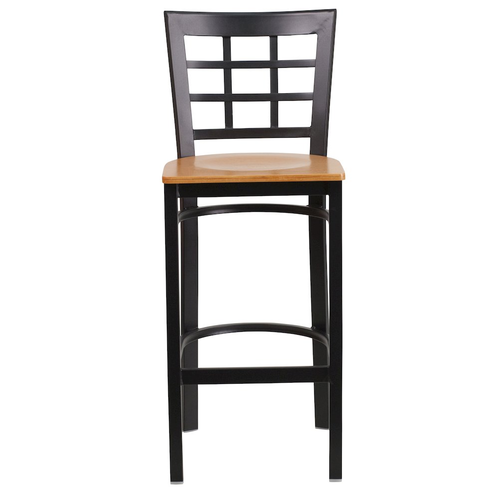 Black Window Back Metal Restaurant Barstool - Natural Wood Seat. Picture 6
