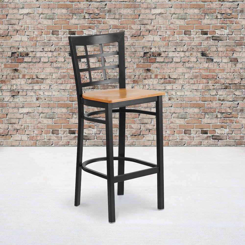 Black Window Back Metal Restaurant Barstool - Natural Wood Seat. Picture 2