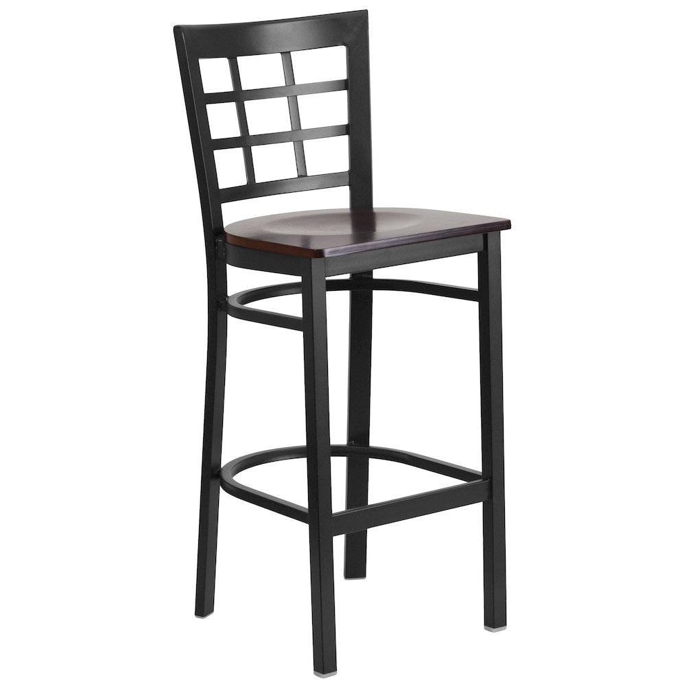 Black Window Back Metal Restaurant Barstool - Walnut Wood Seat. Picture 1