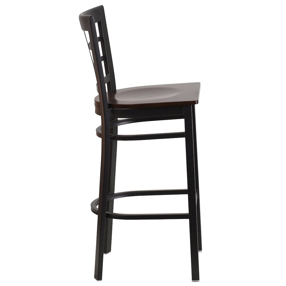 Black Window Back Metal Restaurant Barstool - Walnut Wood Seat. Picture 2