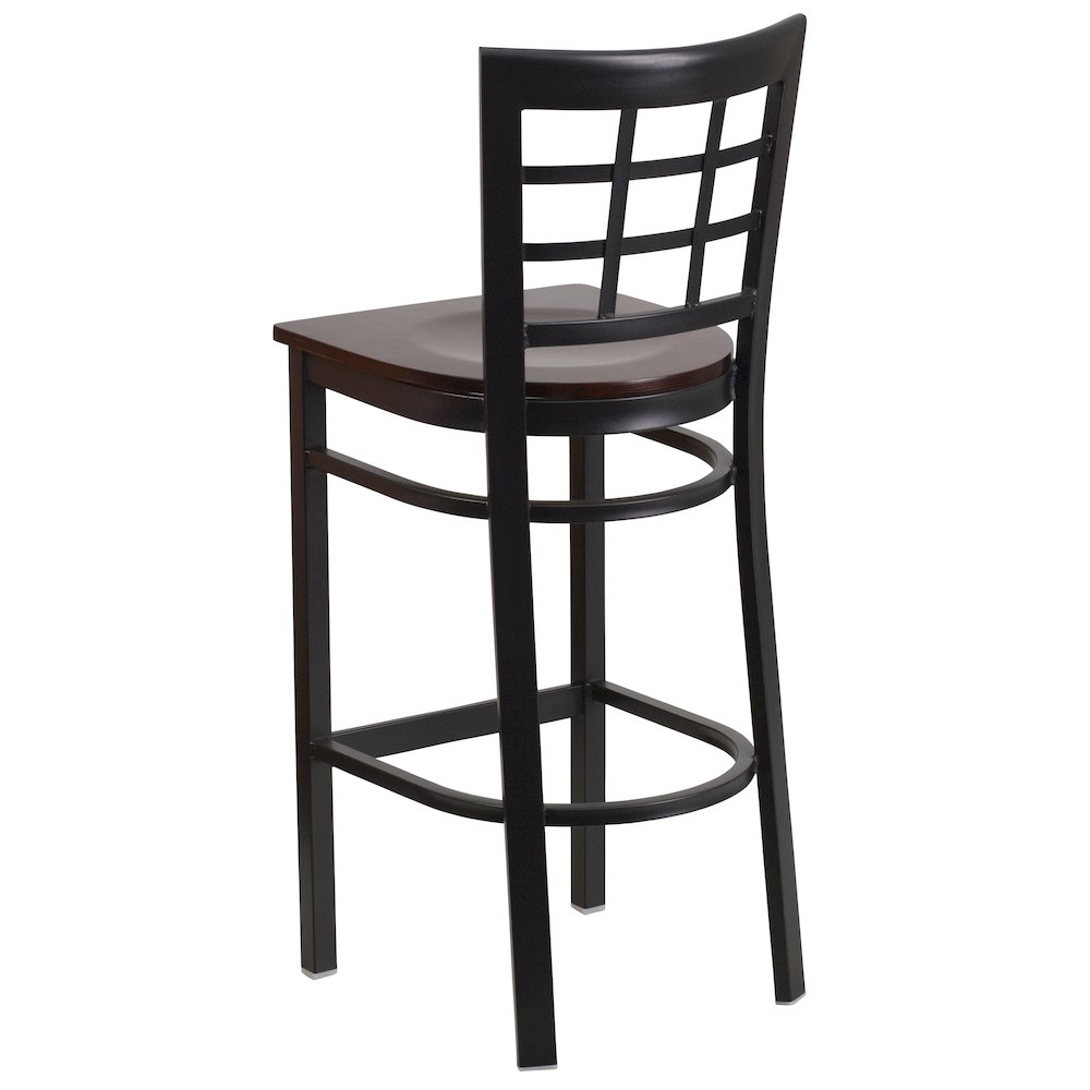 Black Window Back Metal Restaurant Barstool - Walnut Wood Seat. Picture 3