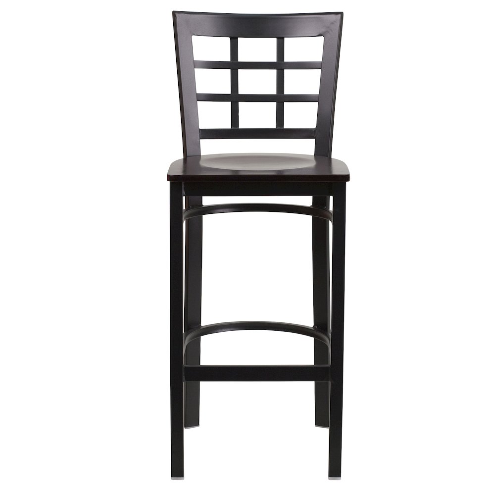 Black Window Back Metal Restaurant Barstool - Walnut Wood Seat. Picture 4