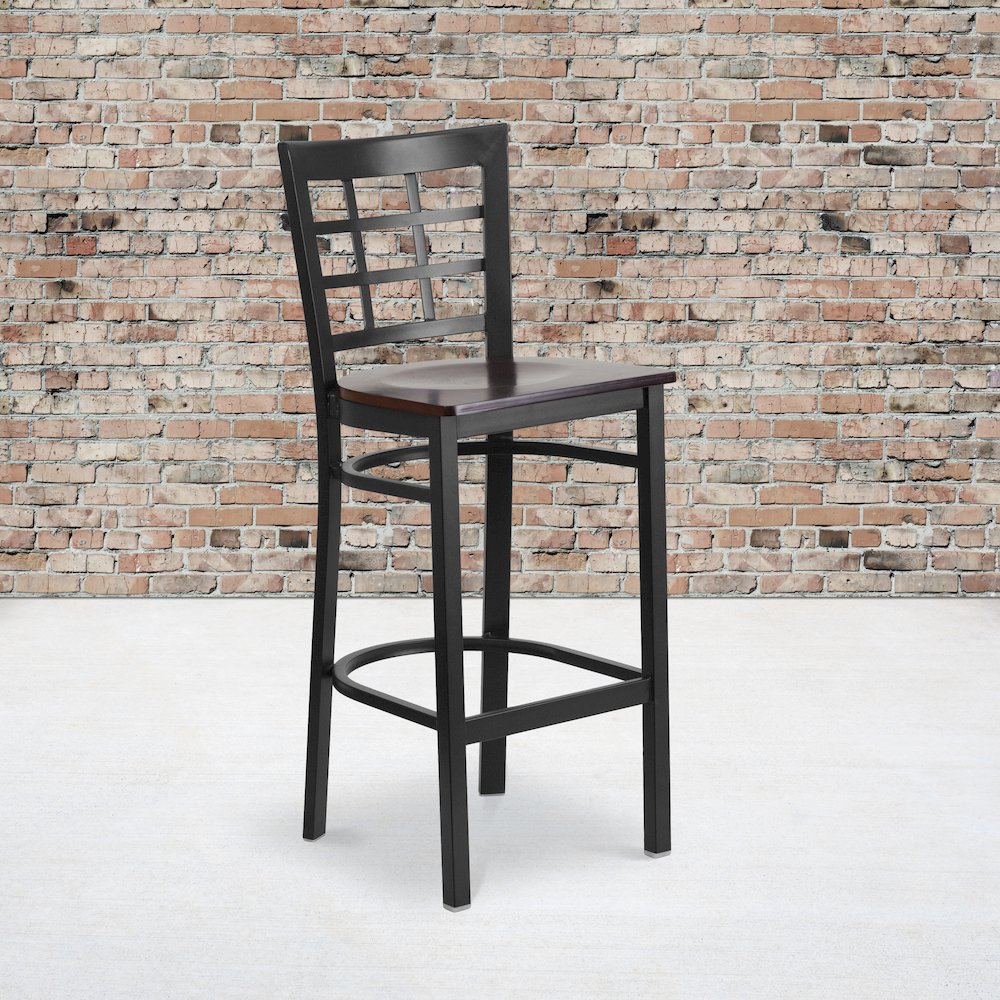 Black Window Back Metal Restaurant Barstool - Walnut Wood Seat. Picture 5