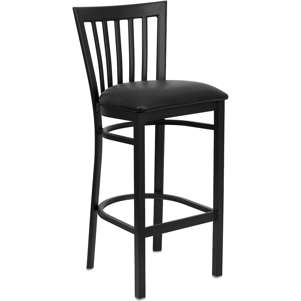 Black School House Back Metal Restaurant Barstool - Black Vinyl Seat. Picture 1