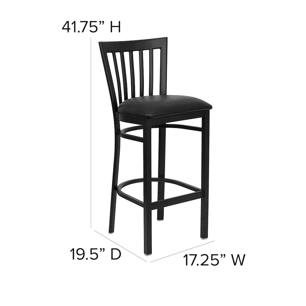 Black School House Back Metal Restaurant Barstool - Black Vinyl Seat. Picture 5