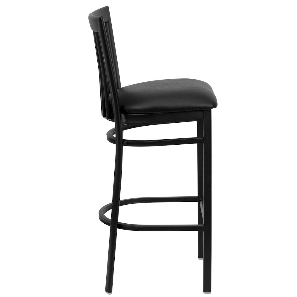 Black School House Back Metal Restaurant Barstool - Black Vinyl Seat. Picture 2