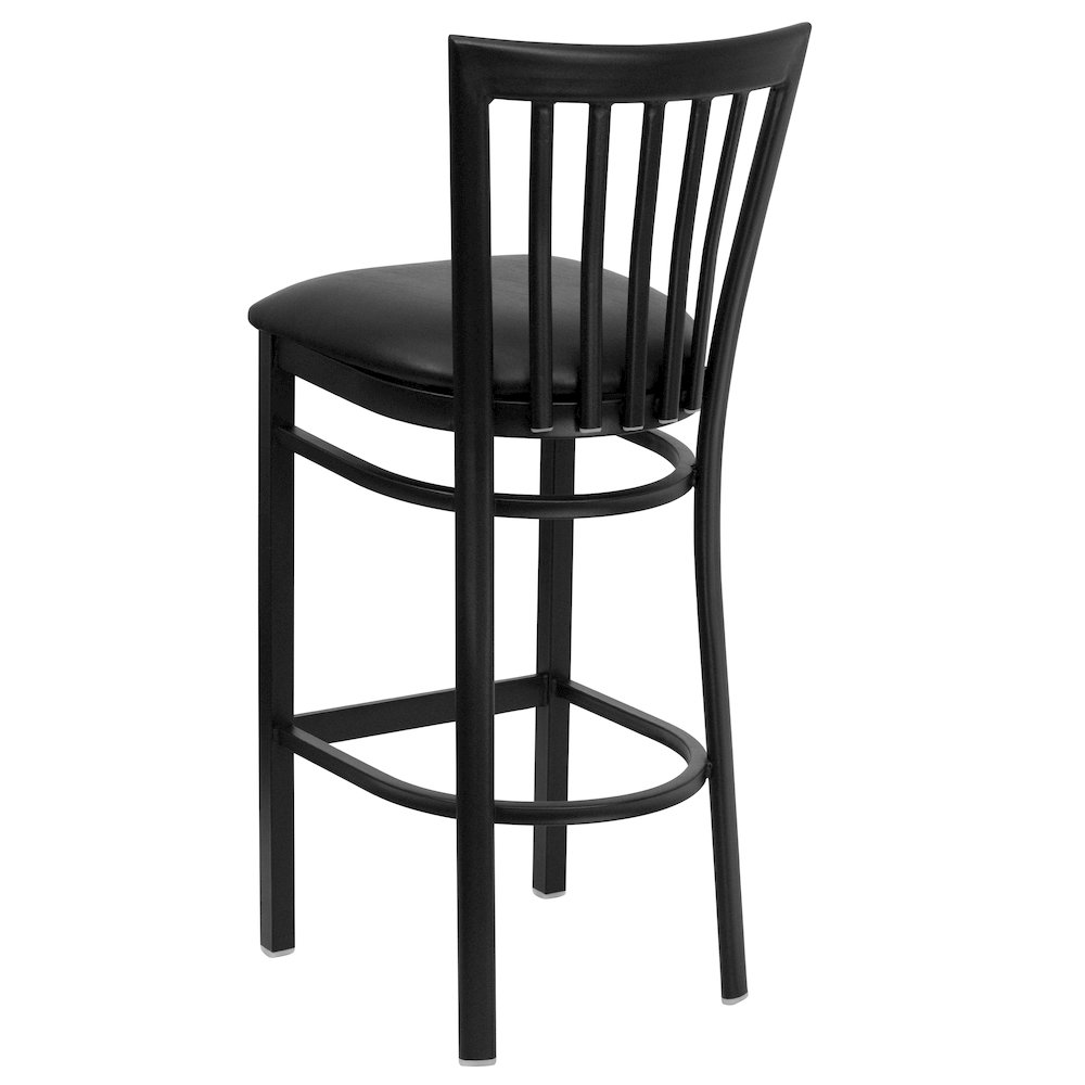 Black School House Back Metal Restaurant Barstool - Black Vinyl Seat. Picture 3