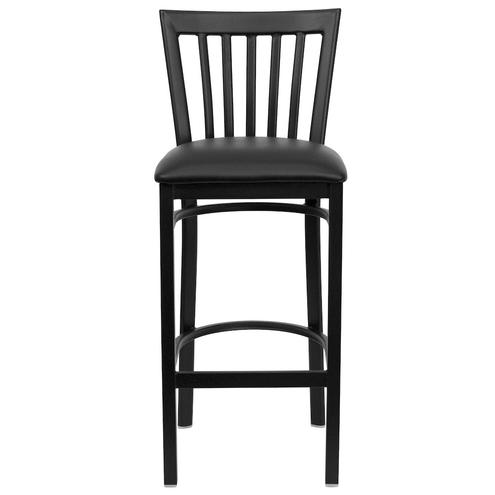 Black School House Back Metal Restaurant Barstool - Black Vinyl Seat. Picture 4