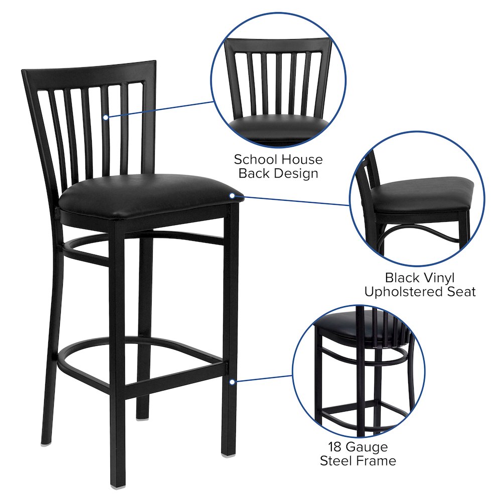 Black School House Back Metal Restaurant Barstool - Black Vinyl Seat. Picture 4