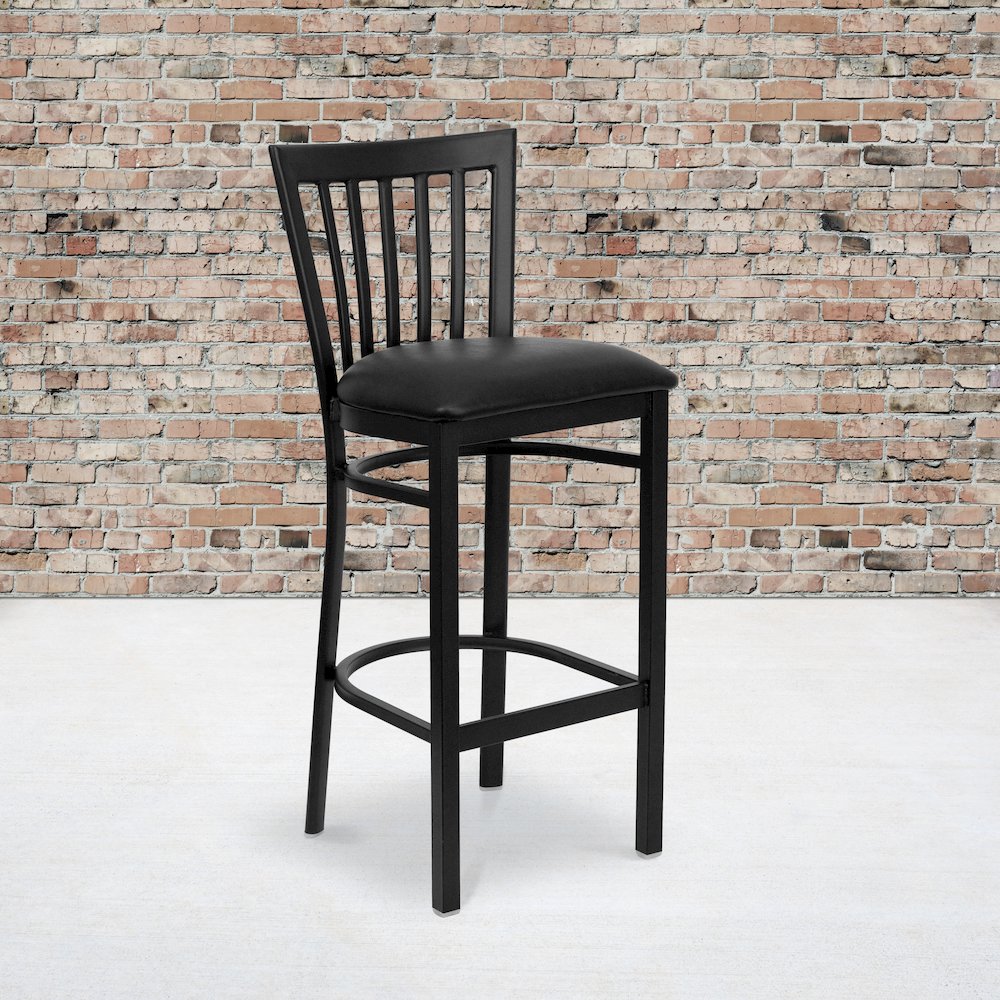 Black School House Back Metal Restaurant Barstool - Black Vinyl Seat. Picture 5
