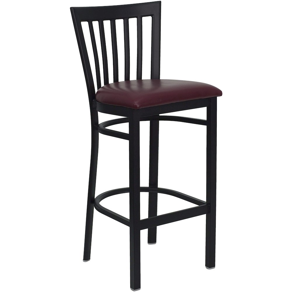 Black School House Back Metal Restaurant Barstool - Burgundy Vinyl Seat. Picture 1