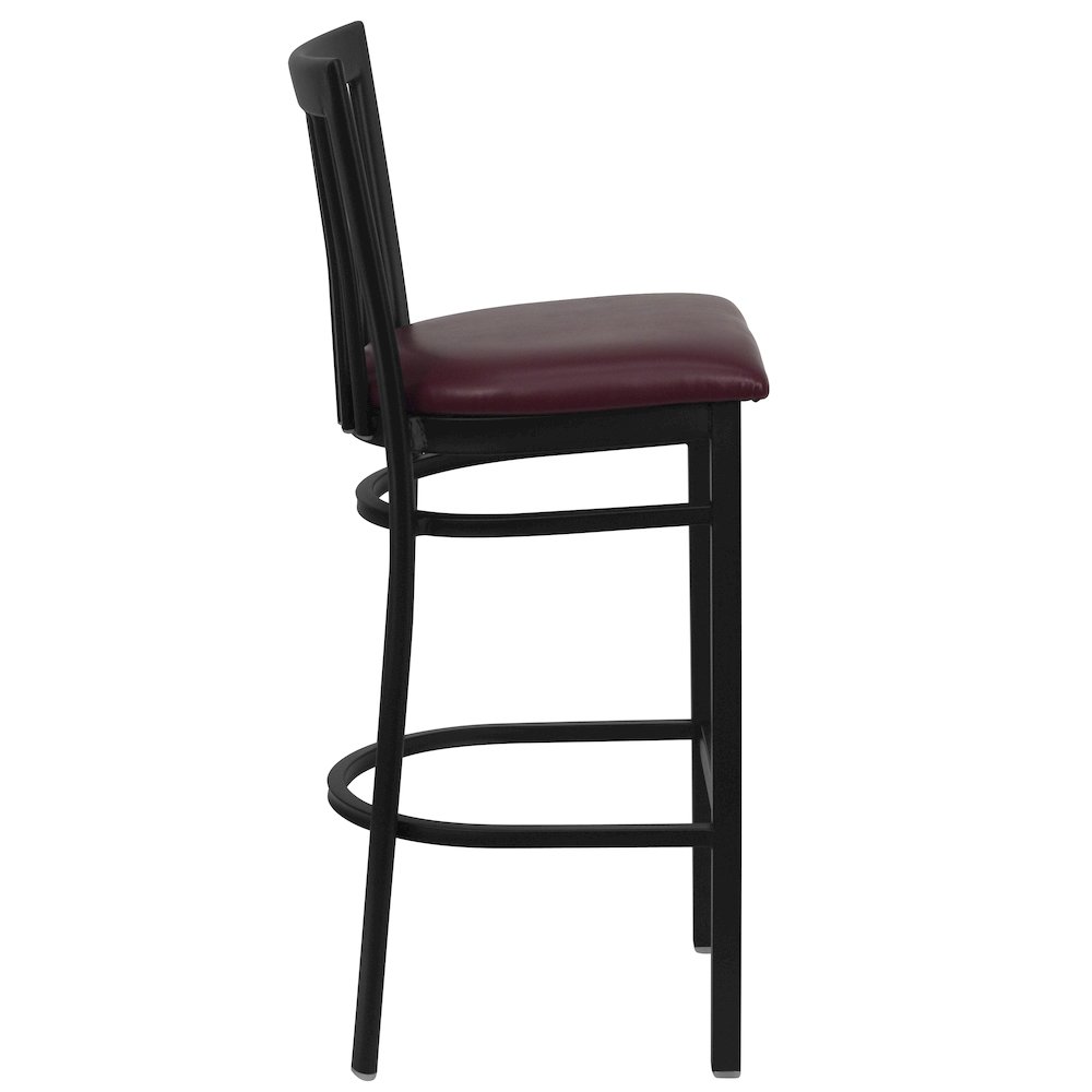 Black School House Back Metal Restaurant Barstool - Burgundy Vinyl Seat. Picture 5