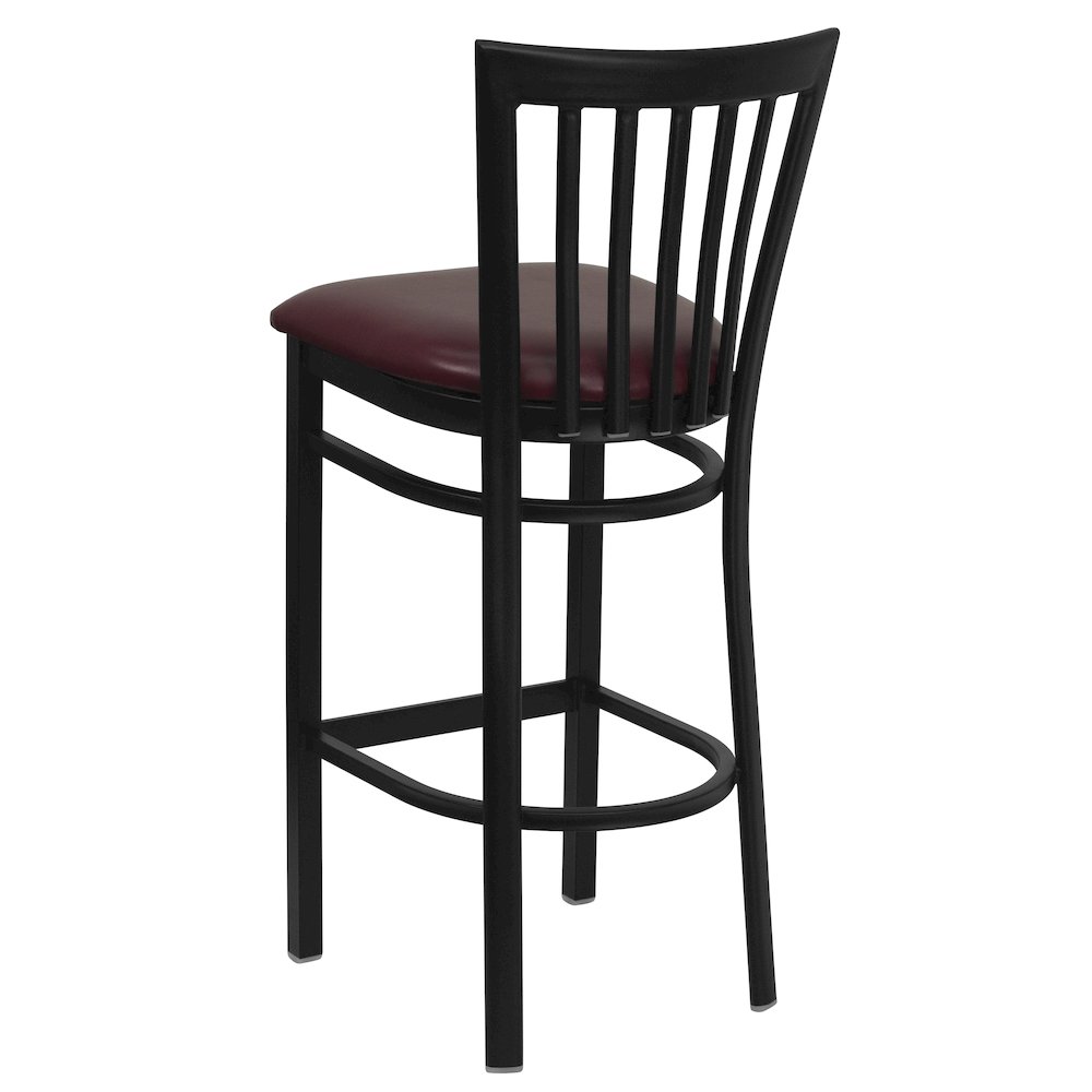 Black School House Back Metal Restaurant Barstool - Burgundy Vinyl Seat. Picture 4