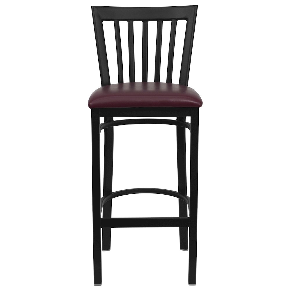 Black School House Back Metal Restaurant Barstool - Burgundy Vinyl Seat. Picture 6