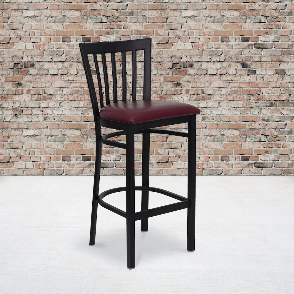 Black School House Back Metal Restaurant Barstool - Burgundy Vinyl Seat. Picture 2