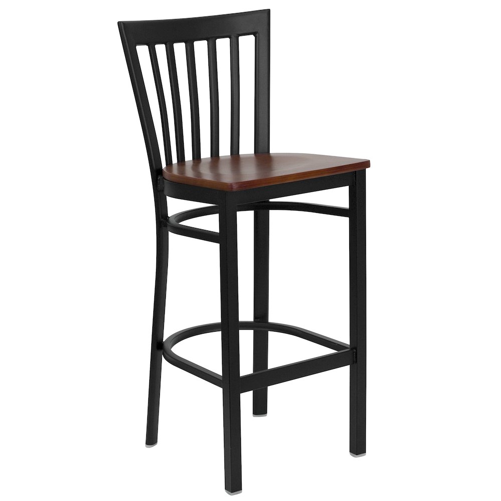 Black School House Back Metal Restaurant Barstool - Cherry Wood Seat. Picture 1
