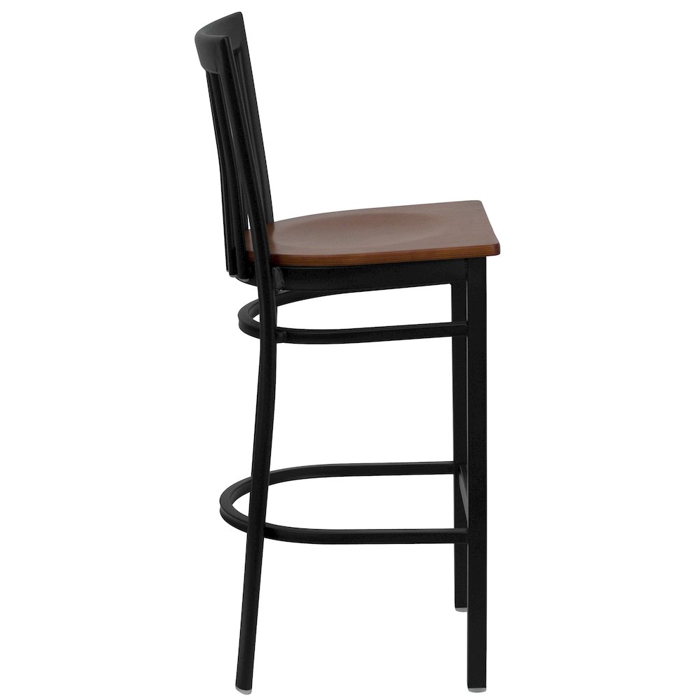 Black School House Back Metal Restaurant Barstool - Cherry Wood Seat. Picture 3