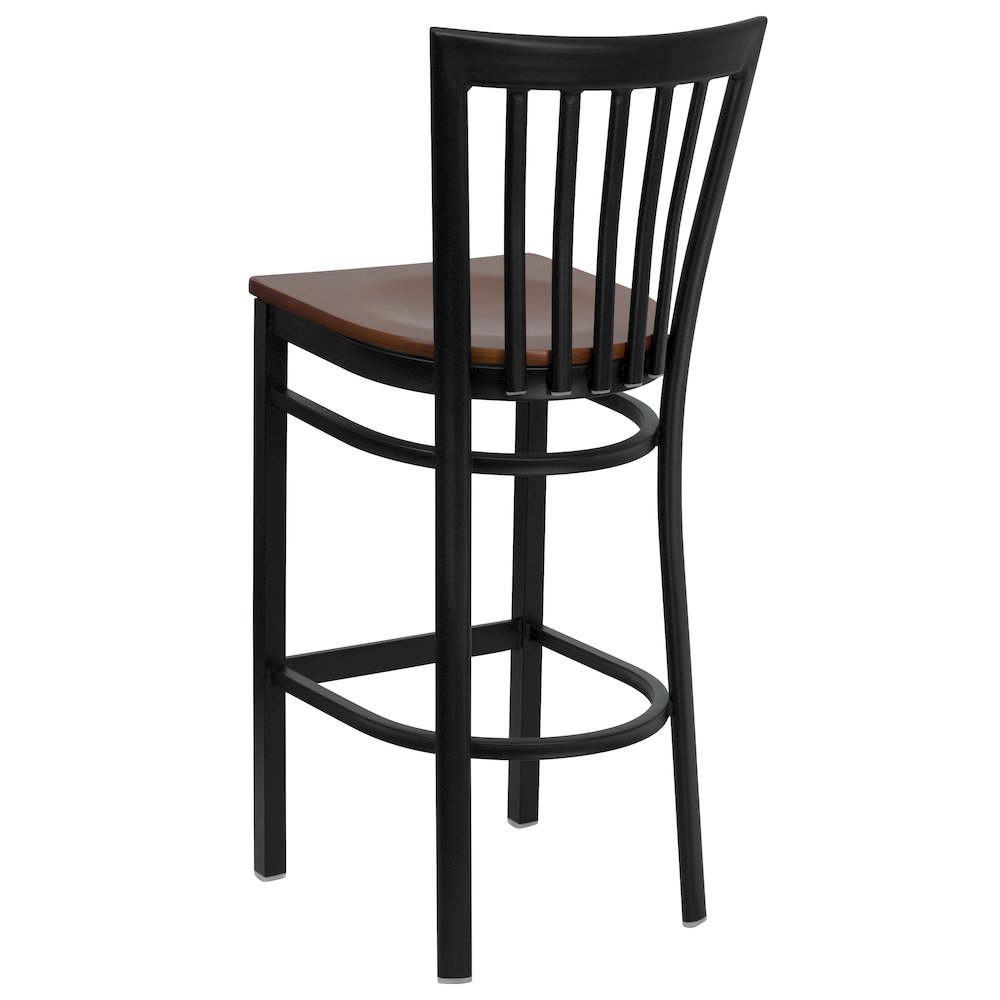 Black School House Back Metal Restaurant Barstool - Cherry Wood Seat. Picture 2