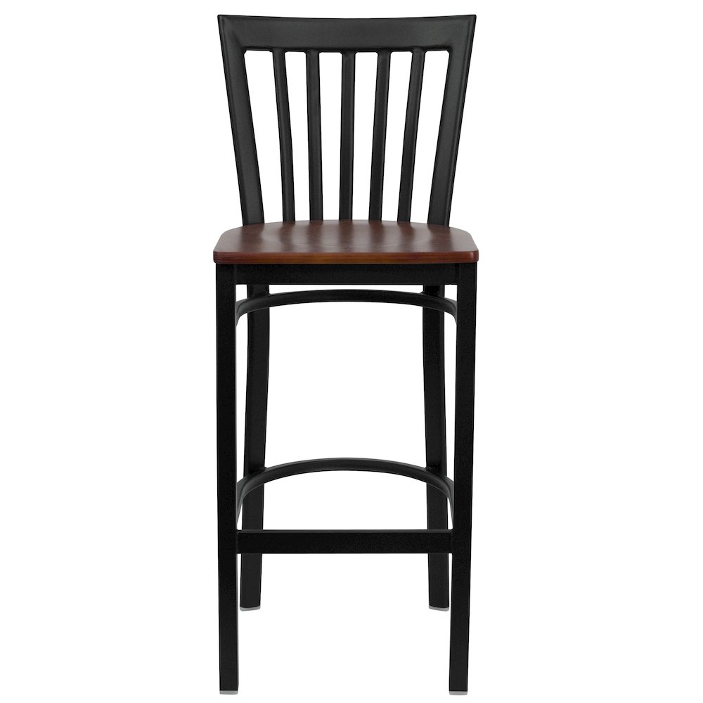 Black School House Back Metal Restaurant Barstool - Cherry Wood Seat. Picture 4