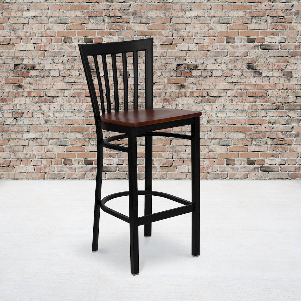 Black School House Back Metal Restaurant Barstool - Cherry Wood Seat. Picture 5