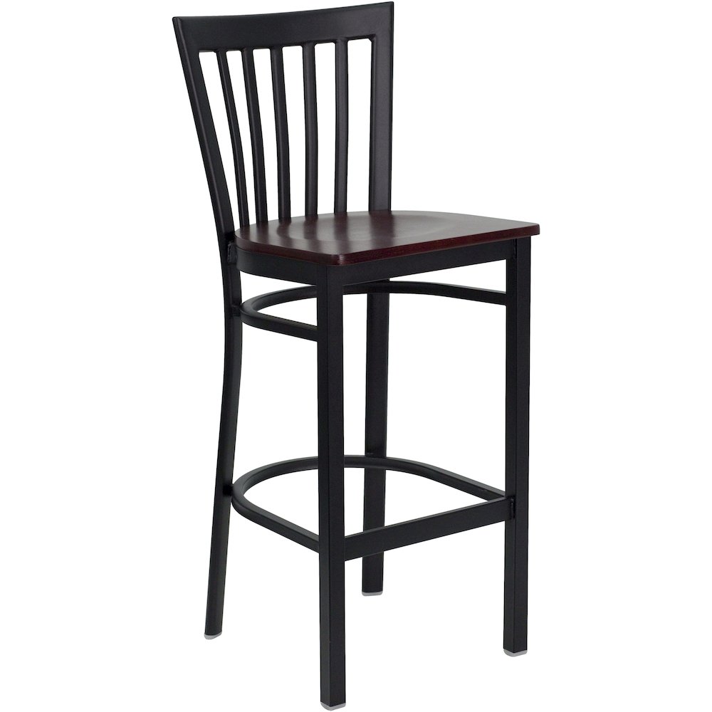 Black School House Back Metal Restaurant Barstool - Mahogany Wood Seat. Picture 1