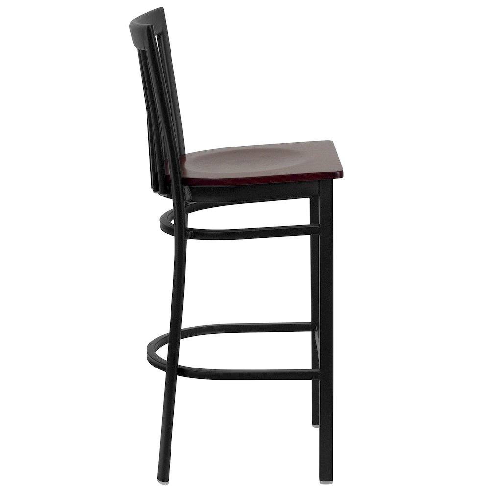 Black School House Back Metal Restaurant Barstool - Mahogany Wood Seat. Picture 2