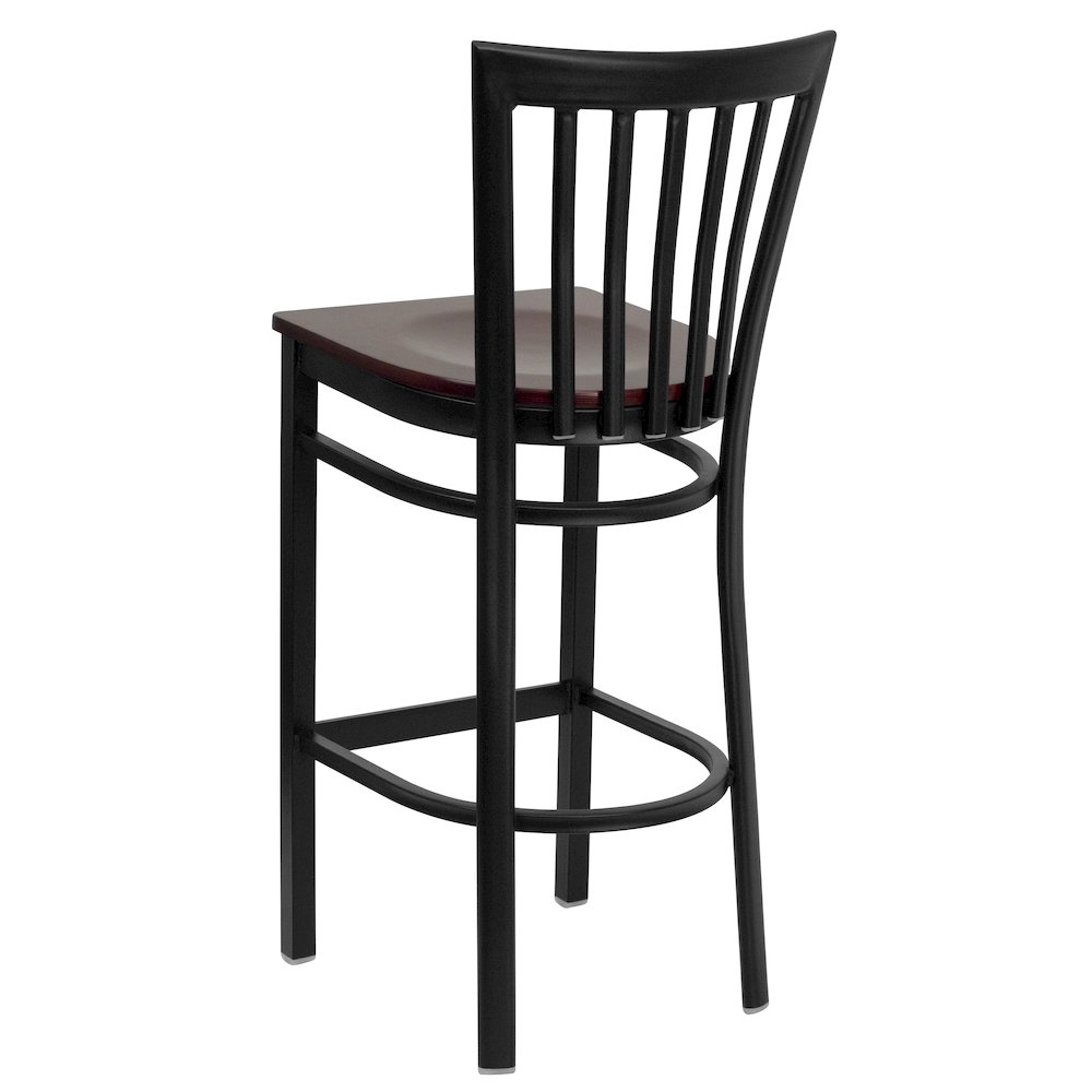 Black School House Back Metal Restaurant Barstool - Mahogany Wood Seat. Picture 3