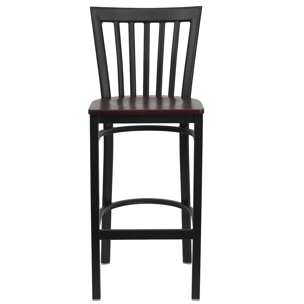 Black School House Back Metal Restaurant Barstool - Mahogany Wood Seat. Picture 4