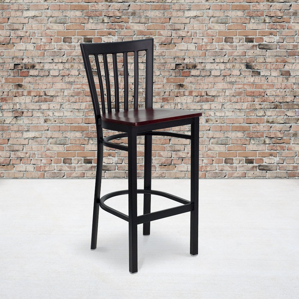 Black School House Back Metal Restaurant Barstool - Mahogany Wood Seat. Picture 5