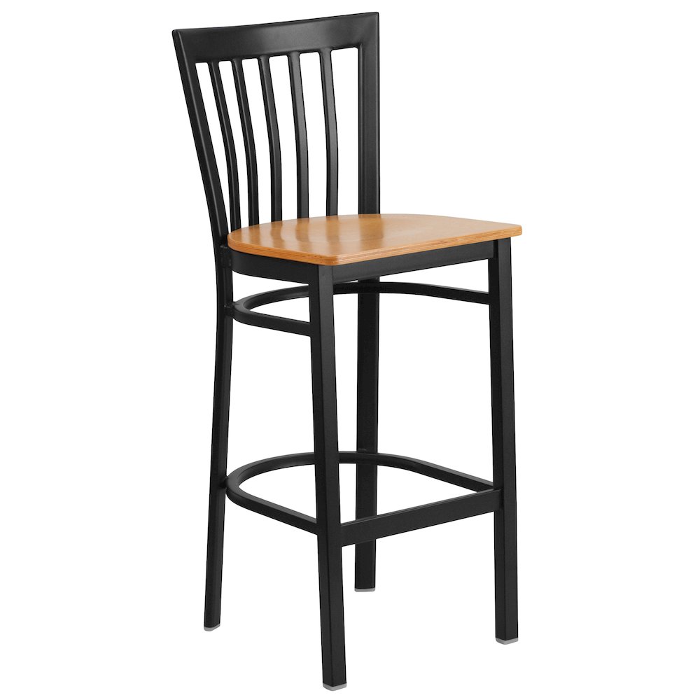 Black School House Back Metal Restaurant Barstool - Natural Wood Seat. Picture 1