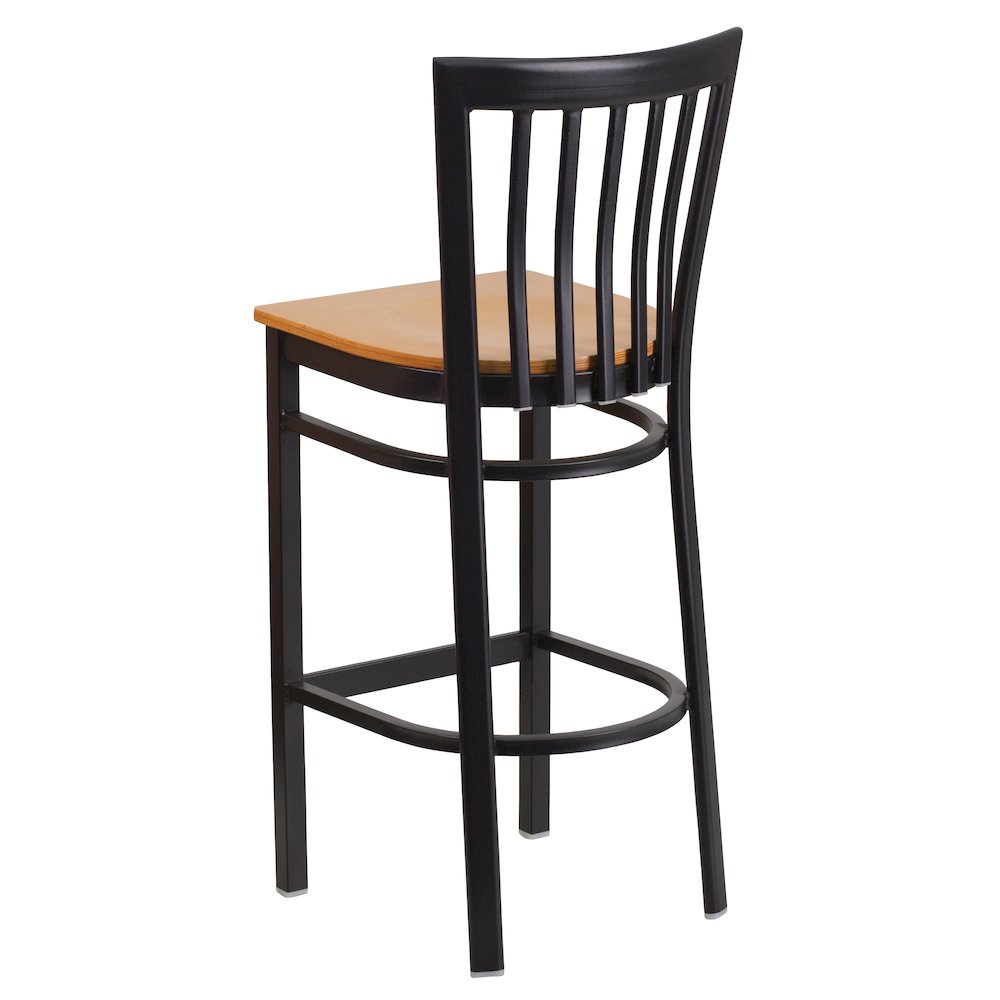 Black School House Back Metal Restaurant Barstool - Natural Wood Seat. Picture 4