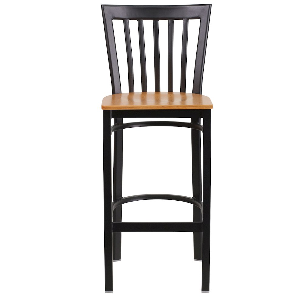 Black School House Back Metal Restaurant Barstool - Natural Wood Seat. Picture 6