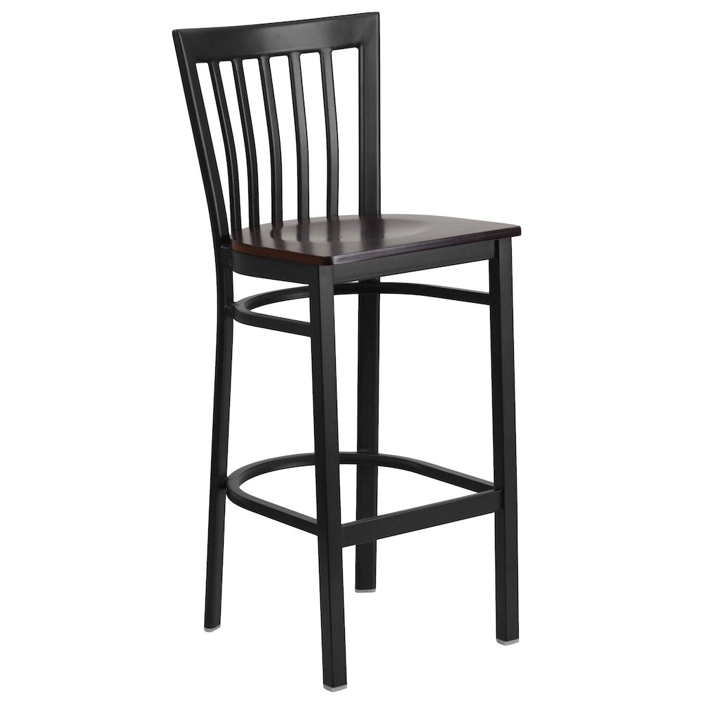 Black School House Back Metal Restaurant Barstool - Walnut Wood Seat. Picture 1