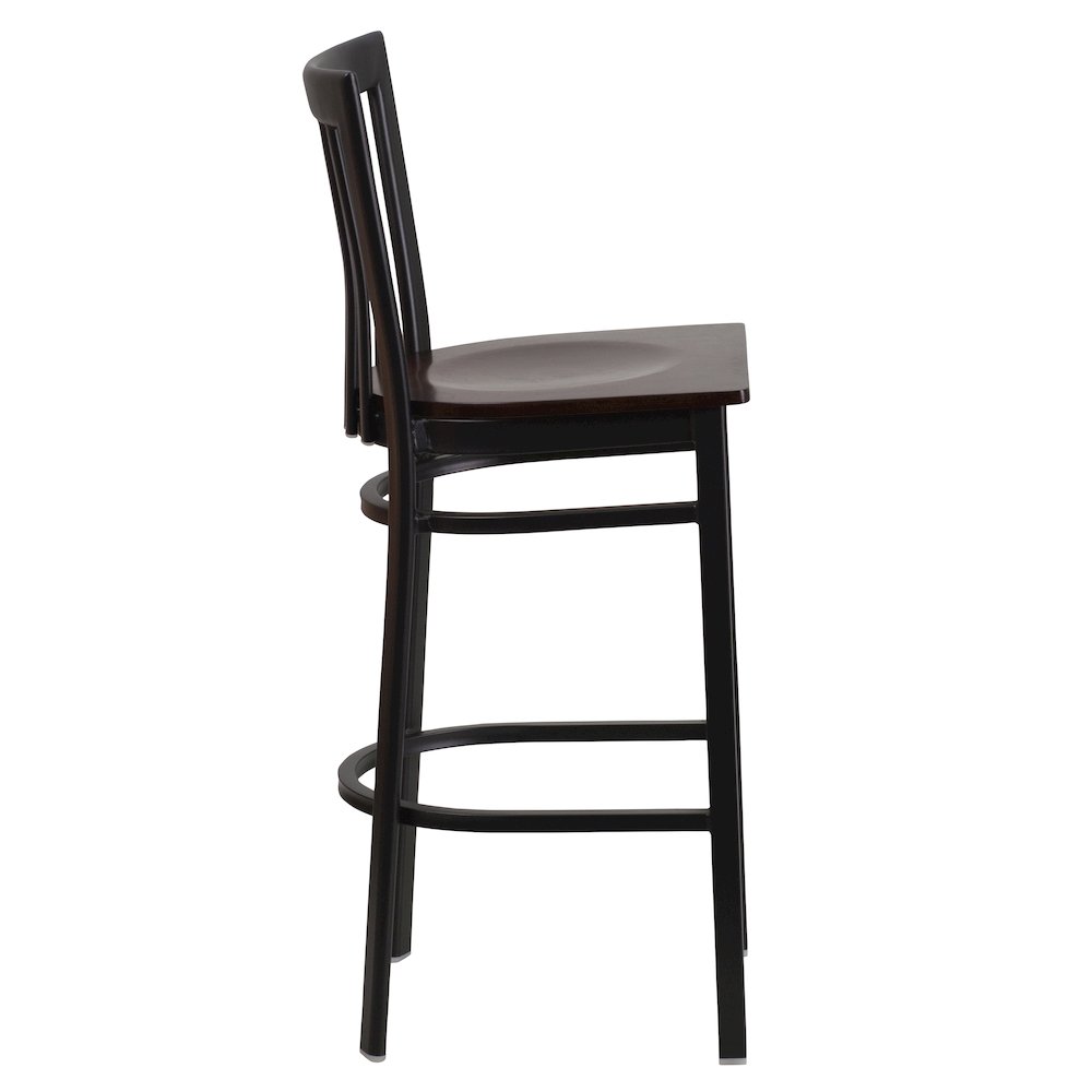 Black School House Back Metal Restaurant Barstool - Walnut Wood Seat. Picture 2