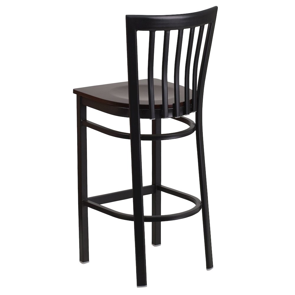 Black School House Back Metal Restaurant Barstool - Walnut Wood Seat. Picture 3
