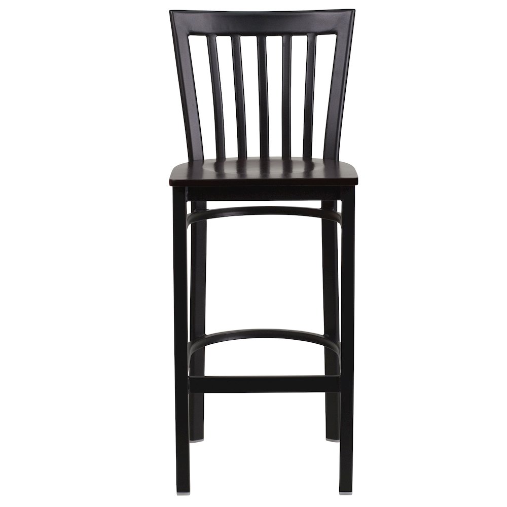 Black School House Back Metal Restaurant Barstool - Walnut Wood Seat. Picture 4