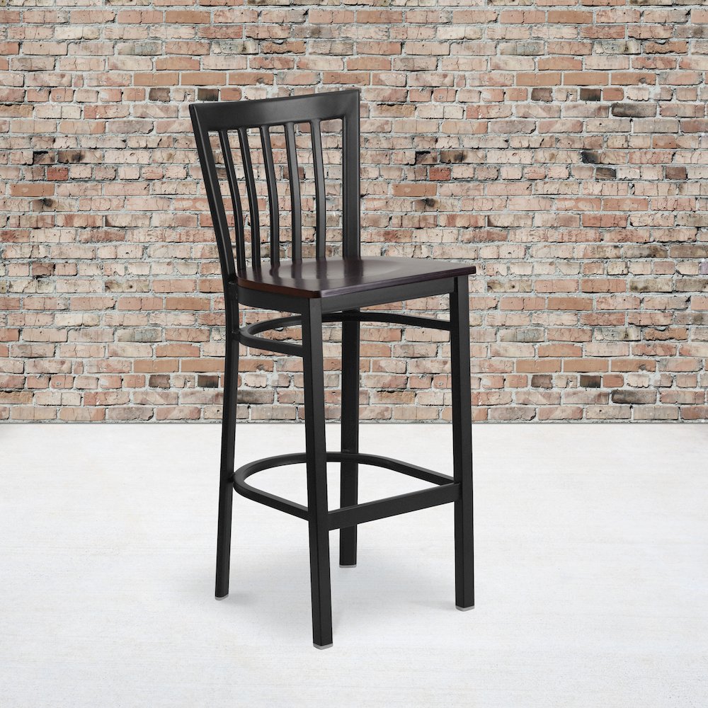 Black School House Back Metal Restaurant Barstool - Walnut Wood Seat. Picture 5