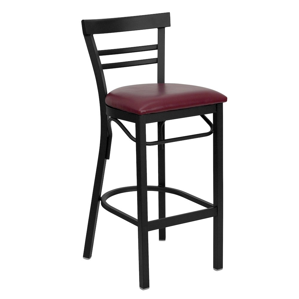 Black Two-Slat Ladder Back Metal Restaurant Barstool - Burgundy Vinyl Seat. Picture 1