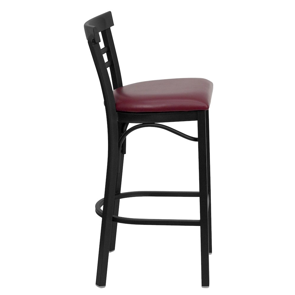 Black Two-Slat Ladder Back Metal Restaurant Barstool - Burgundy Vinyl Seat. Picture 5