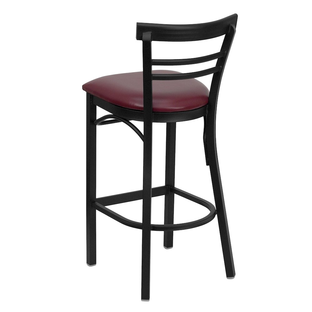 Black Two-Slat Ladder Back Metal Restaurant Barstool - Burgundy Vinyl Seat. Picture 4