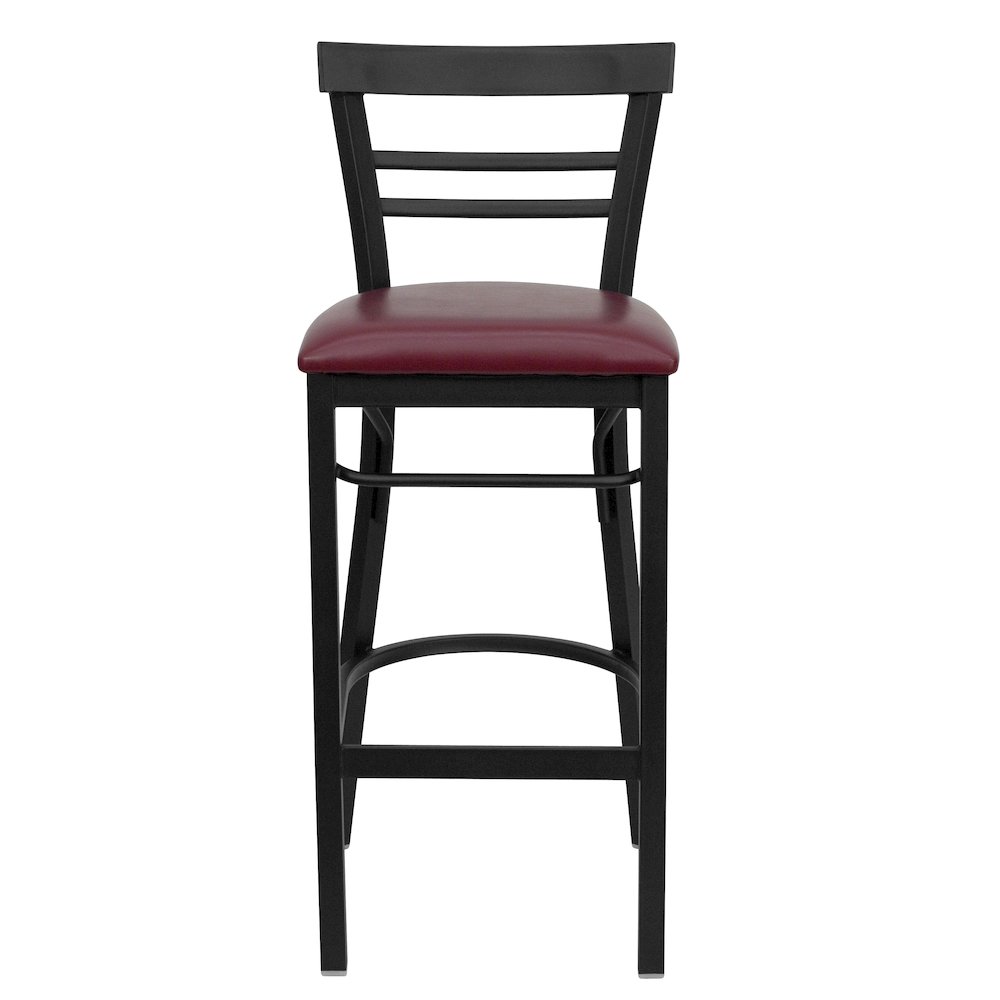 Black Two-Slat Ladder Back Metal Restaurant Barstool - Burgundy Vinyl Seat. Picture 6