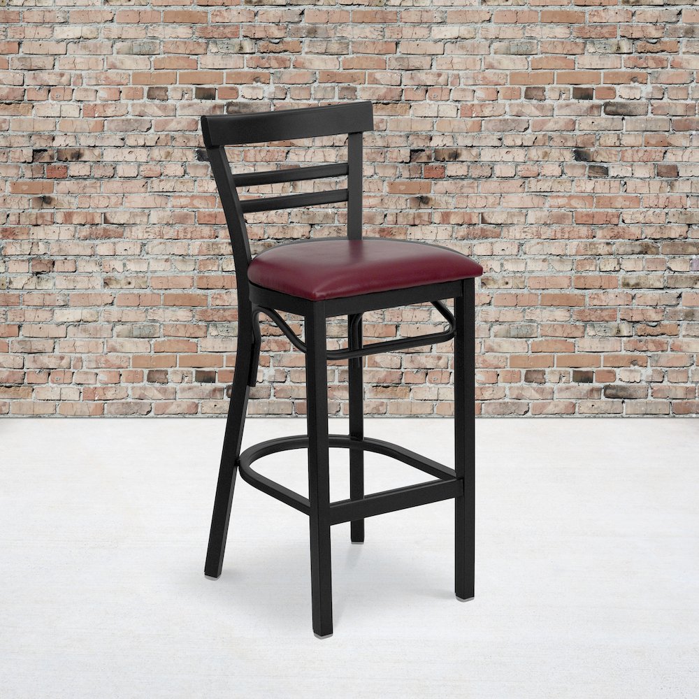 Black Two-Slat Ladder Back Metal Restaurant Barstool - Burgundy Vinyl Seat. Picture 2
