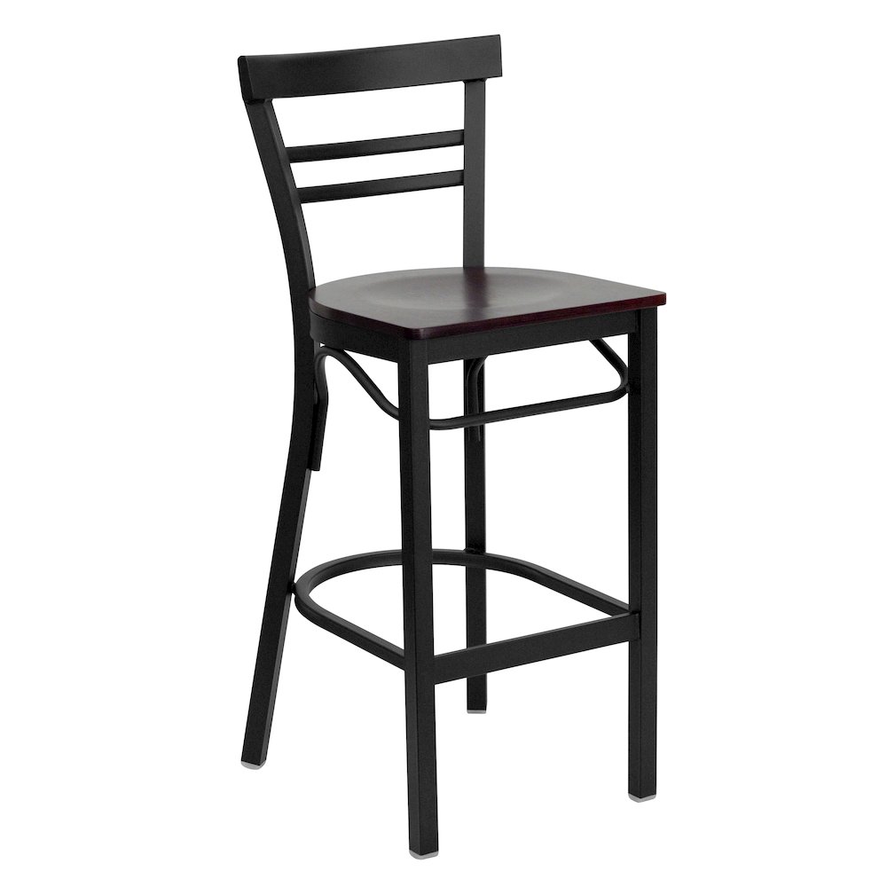 Black Two-Slat Ladder Back Metal Restaurant Barstool - Mahogany Wood Seat. Picture 1