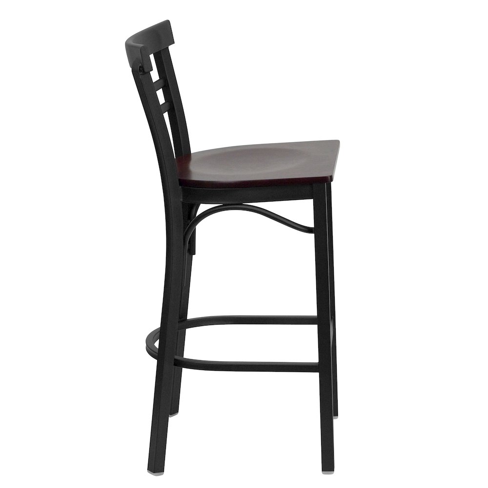 Black Two-Slat Ladder Back Metal Restaurant Barstool - Mahogany Wood Seat. Picture 2