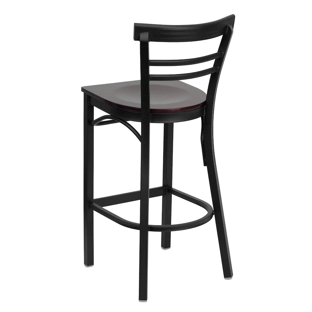 Black Two-Slat Ladder Back Metal Restaurant Barstool - Mahogany Wood Seat. Picture 3