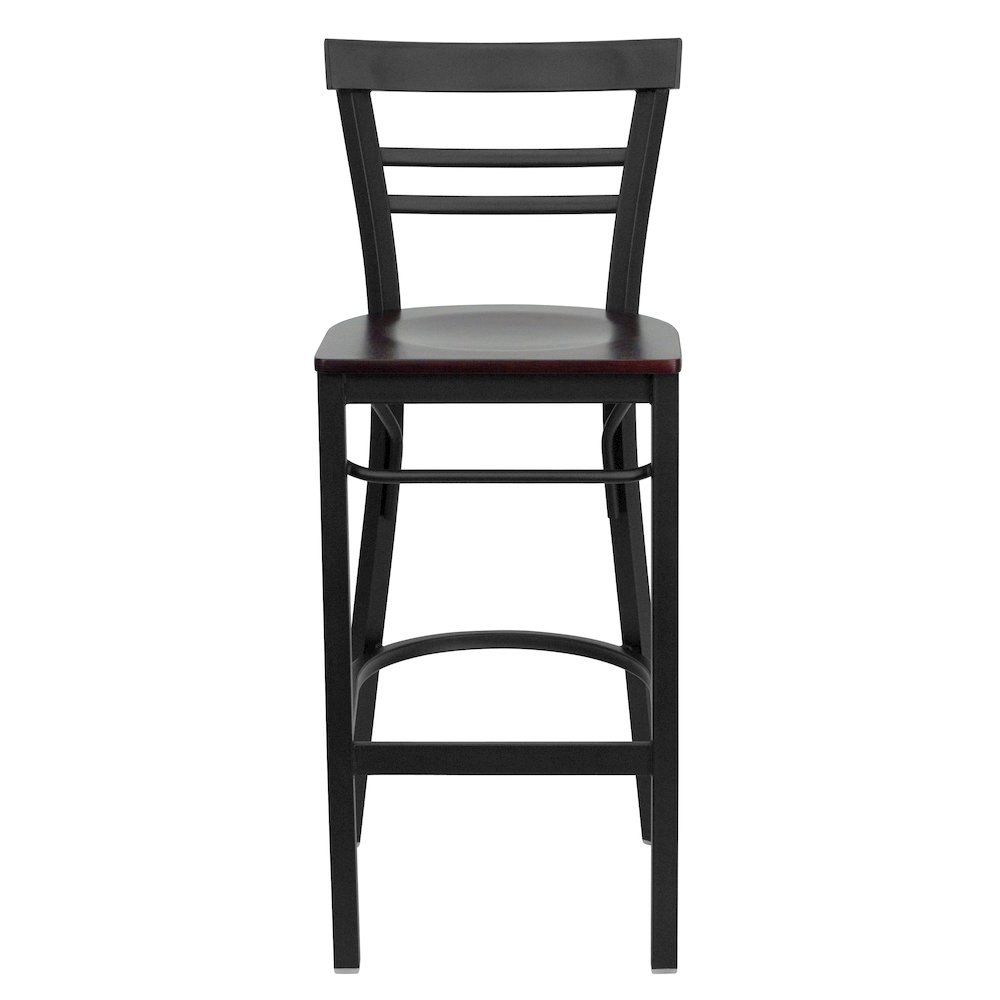 Black Two-Slat Ladder Back Metal Restaurant Barstool - Mahogany Wood Seat. Picture 4