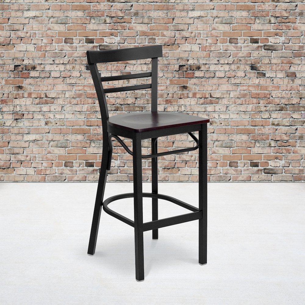 Black Two-Slat Ladder Back Metal Restaurant Barstool - Mahogany Wood Seat. Picture 5