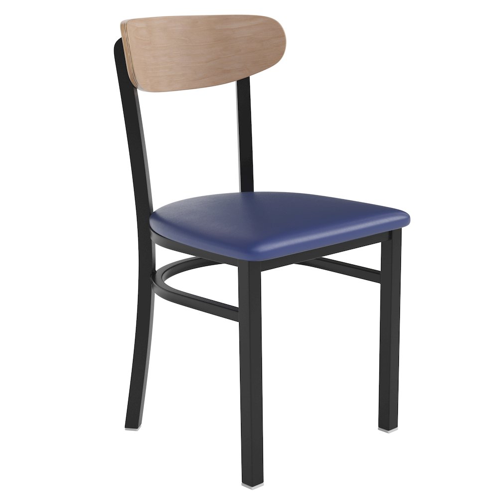Dining Chair, Natural Birch Finish Wooden Boomerang Back, and Blue Vinyl Seat. Picture 1